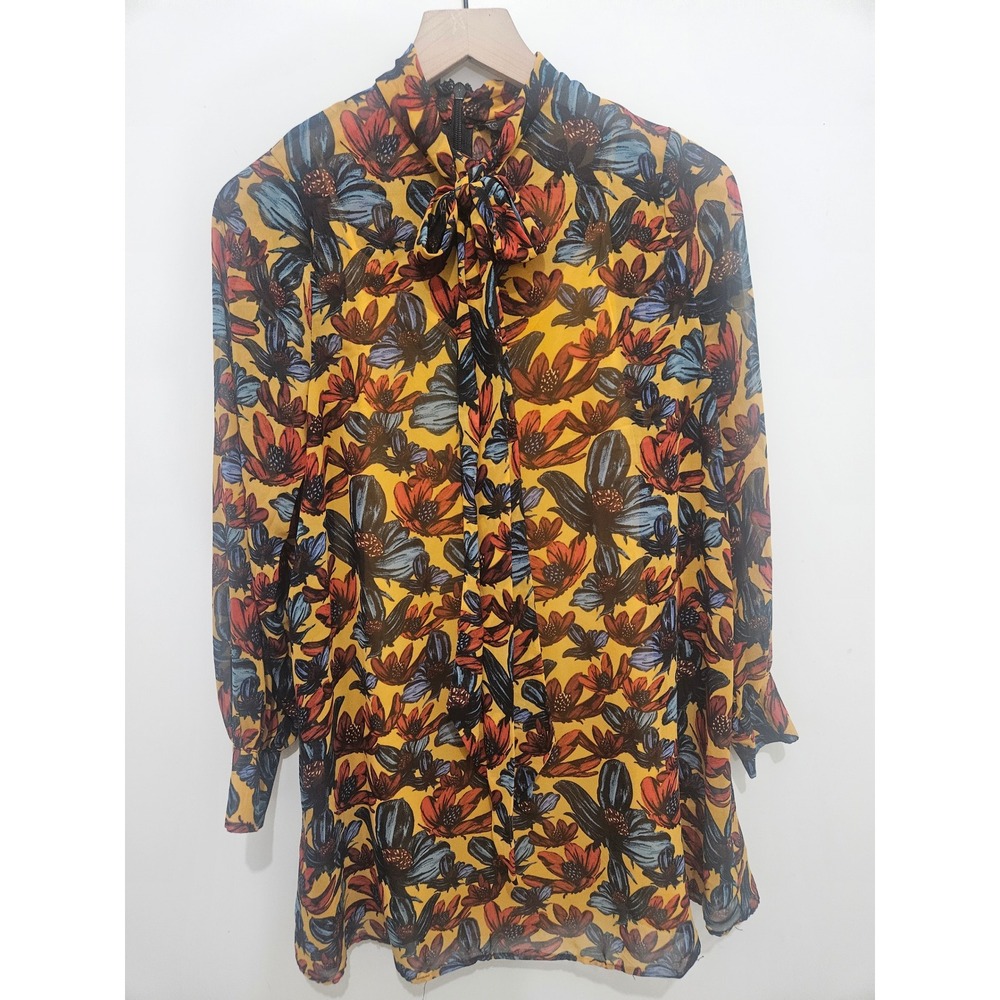 Topshop Yellow Floral Tie Neck Mini Dress Long Sleeve Chiffon Size US 4